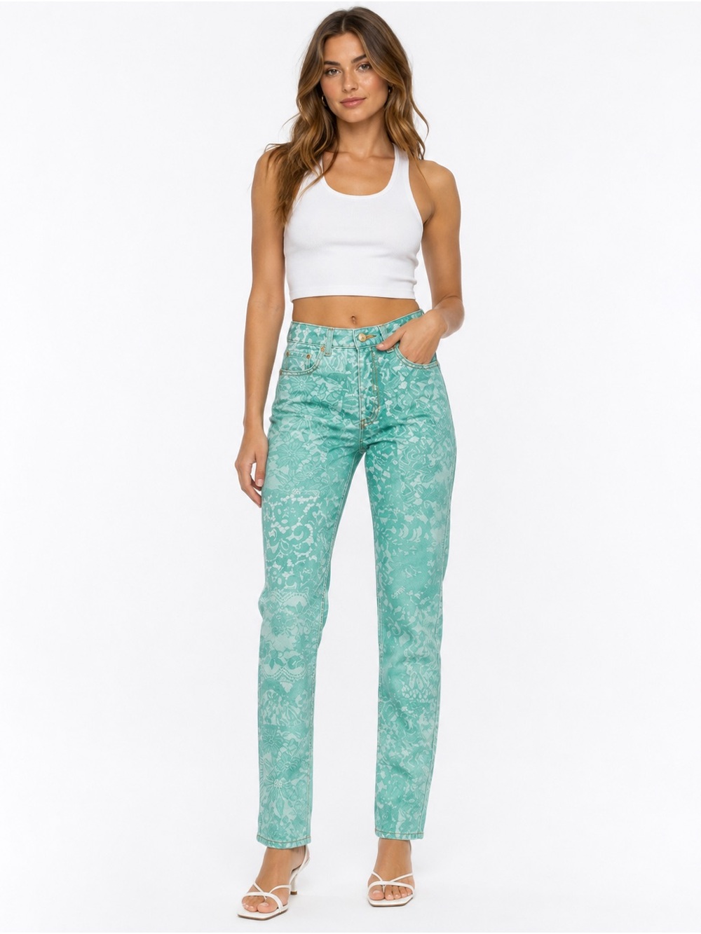 Ganni swiggy lace floral print straight fit jean in teal - 25